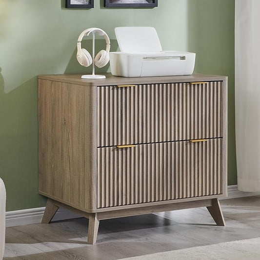 T4TREAM 2 Drawer File Cabinet, 31.8" W Fluted Lateral File Cabinet w/Files Hanging Rod for Letter/Legal/A4, Large Tabletop for Printer, Office Wood Printer Cabinets, Alder Grey (Gen 2)