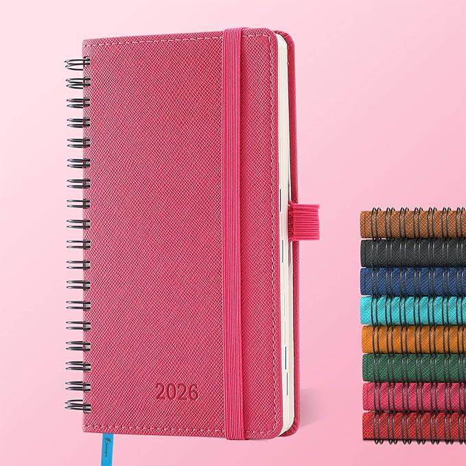 Planner 2026 Daily Weekly and Monthly,6.5"x3.75",12 Months Spiral Bound Calendar Agenda with Self-adhesive Pen Holder,2026 Appointment Book with Vegan Leather Soft Cover,Rose Red