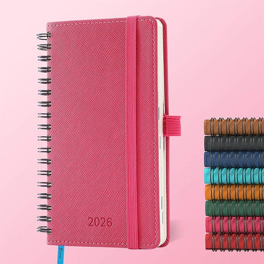 Planner 2026 Daily Weekly and Monthly,6.5"x3.75",12 Months Spiral Bound Calendar Agenda with Self-adhesive Pen Holder,2026 Appointment Book with Vegan Leather Soft Cover,Rose Red