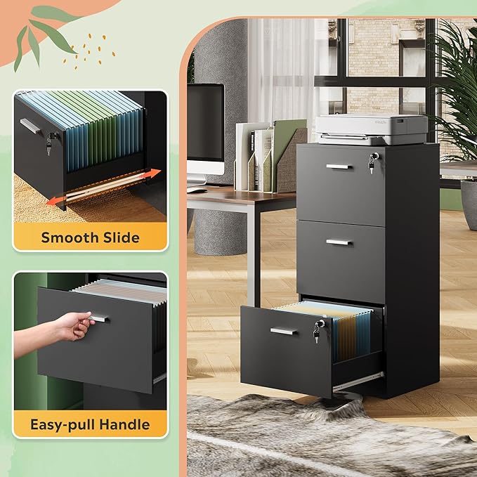 DEVAISE 3 Drawer File Cabinet with Lock, Vertical Wood Filing Cabinet for Home Office, Printer Stand for Letter and A4 Size, Black