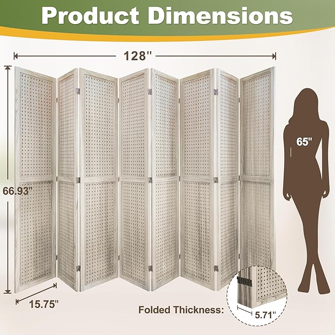 NicBex Room Divider 8 Panel Pegboard Display 5.6FT Wood PegBoard Room Dividers, Folding Privacy Screens Portable Display Board Wall Divider for Craft/Art Shows, Room Separation, Natural Wood