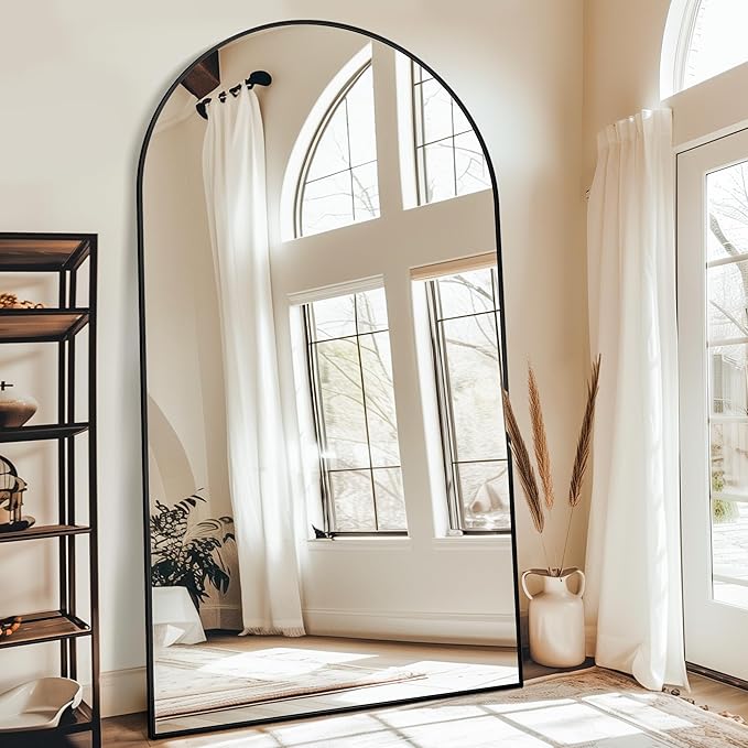 Antok Full Length Mirror, 86"x46" Oversized Floor Mirror Freestanding, Full Body Mirror Floor Standing Mirrors with Stand, Hanging Mounted Mirrors for Living Room Cloakroom,Black,Arched Style