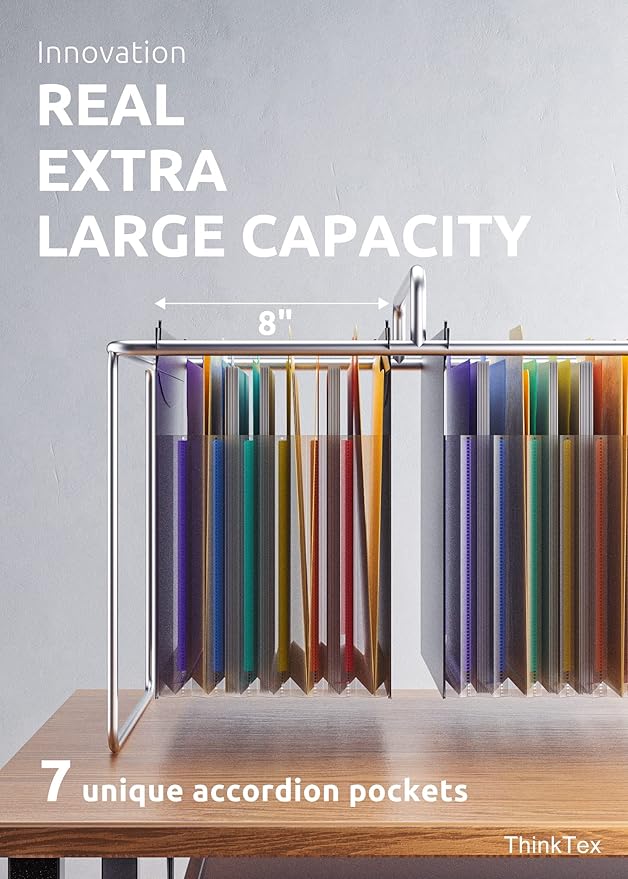 ThinkTex Plastic Expanding Hanging File Folders, 7 Innovative 1.2" Accordion Pockets, Large Capacity, Multi-Color Tabs, Letter Size for Filing Cabinet - 1 Pack