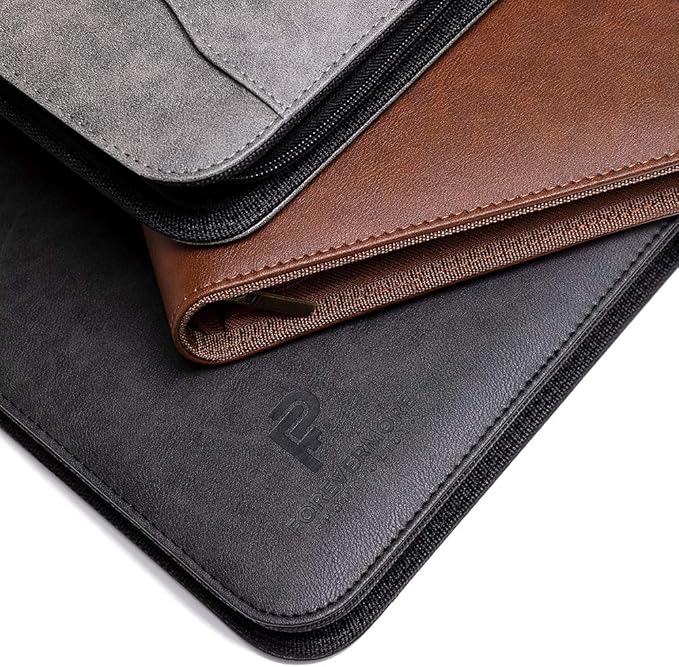 Forevermore Portfolios Padfolio Binder - Professional Faux Leather Travel Organizer Pouch for Tablet, Documents, Presentation Folders, Zipper Closure, Removable 3-Ring Notepad - Black