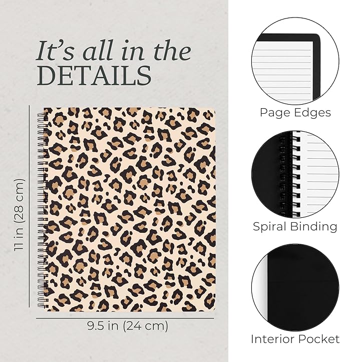 Steel Mill & Co Cute Large Spiral Notebook College Ruled, 11" x 9.5" with Durable Hardcover and 160 Lined Pages, Leopard