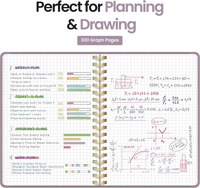Spiral Graph Paper Notebook Journal for Work, 300 Pages, Thick B5 (7.1"x10") Grid Journals for Women & Writing, Hardcover Notebook for Note Taking, Perfect for Work School Note Taking Business, Purple