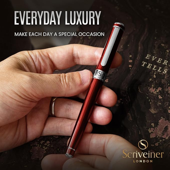 Scriveiner Deep Crimson Red Rollerball - Stunning Red Lacquer Luxury Pen with Chrome Finish, Schmidt Ink Refills, Roller Ball Pen Gift Set for Men & Women, Professional, Executive, Office, Nice Pens