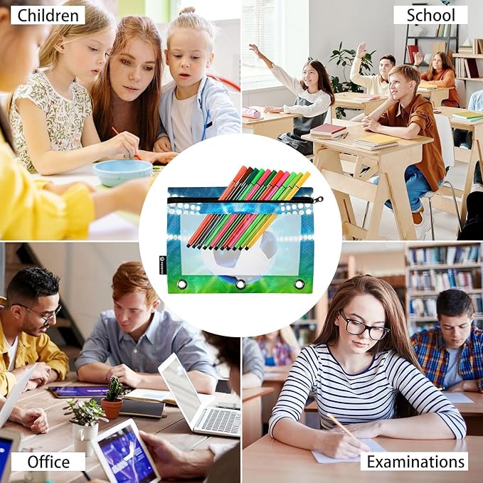 Soccer Ball on Field Pencil Pouch for 3 Ring Binder, 2 Pack Waterproof Pencil Bags Clear Window Zipper School Office Supplies