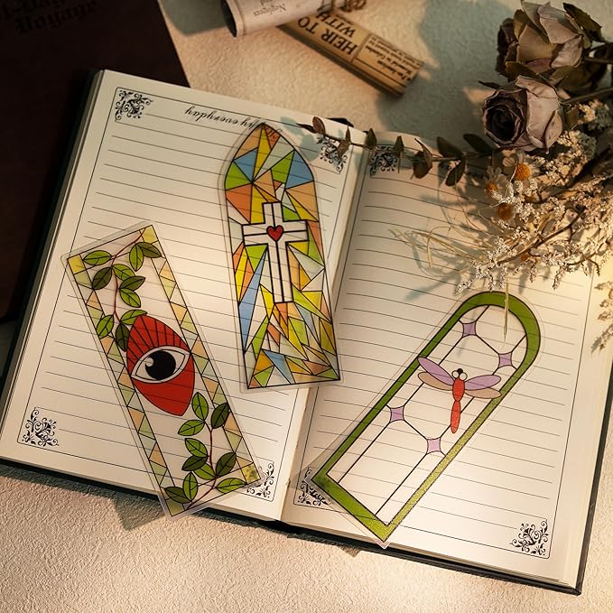 SWATOM 6 PCS Two-Sided Frosted Stained Glass Bookmarks for Reading Women Waterproof Transparent Plastic Bookmark Gifts for Book Lovers with Bookmark Holders ﻿
