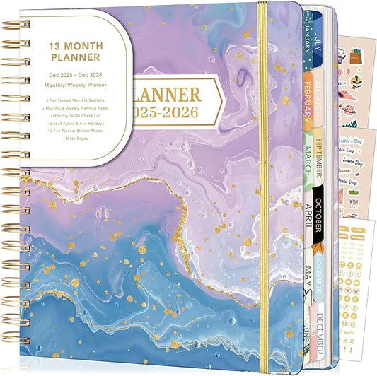 CAGIE 2026 Planner Weekly and Monthly from Dec 2025 to Dec 2026 Hardcover Spiral Bound Calendar Yearly Agenda Planners for Women with Stickers, 8.3 x 9.1, Purple Marble