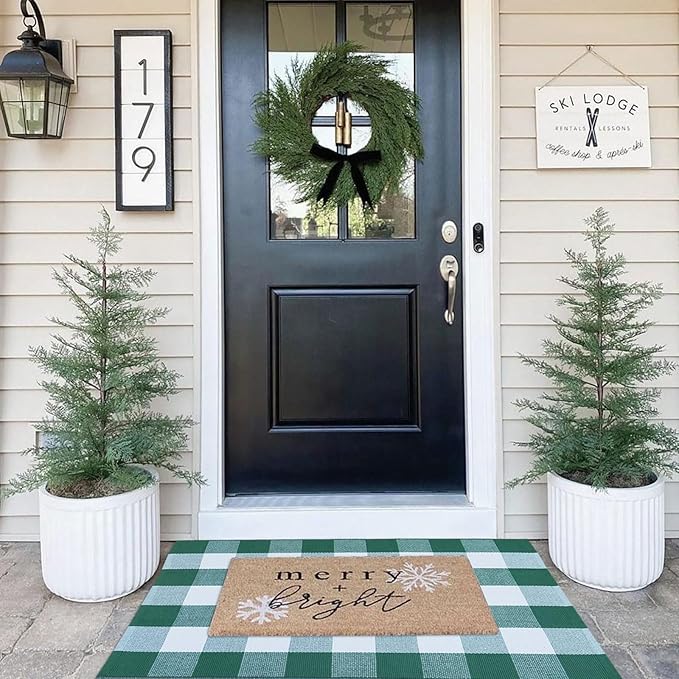 Green & White Plaid Rug, 2'4" x 3'7" Check Indoor/Outdoor Area Rug, Hello/Welcome Door Mat Layering Rug, Machine Washable Cotton Woven Mat for Farmhouse Front Porch, Entryway