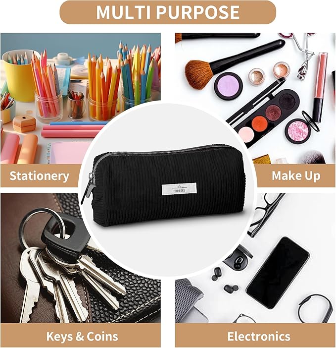 Pencil Bag Pen Case, Soft Corduroy Small Pencil Pouch Organizer with Zipper, Cute Pencil Case Pouch Stationery for Girls and Boys – Black