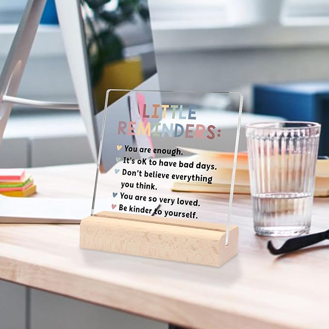 Inspirational Encouragement Gifts for Women, Motivational Gifts Positive Little Reminders Clear Desk Decorative Sign with Wooden Stand for Office Home