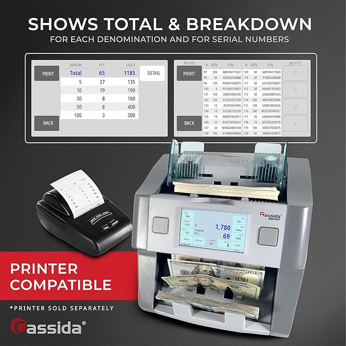 Cassida 8800R V2 USA Premium Bank-Grade Mixed Denomination Money Counter Machine, Advanced Counterfeit Detection, Multi-Currency, 3-Year Warranty, Includes External Display, Printing Enabled