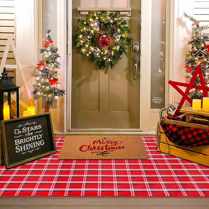 Christmas Red Green White Plaid Rug, 4' x 6' Cotton Hand-Woven Buffalo Check Layered Door Mat for Front Porch, Entryway, Outdoor Holiday Decor, Washable Farmhouse Rug for Home, Patio, Kitchen