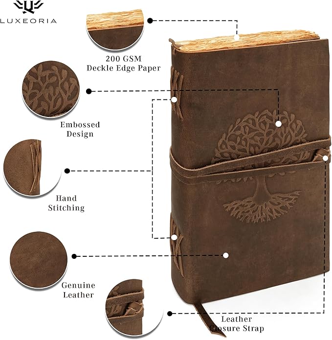 LUXEORIA Tree Of Life Leather Journal for Women and Men, Handcrafted Leather Journal for Writing Womens, Sketchbook, Travel Diary with Unlined Deckle Paper, Distressed Brown 8x13
