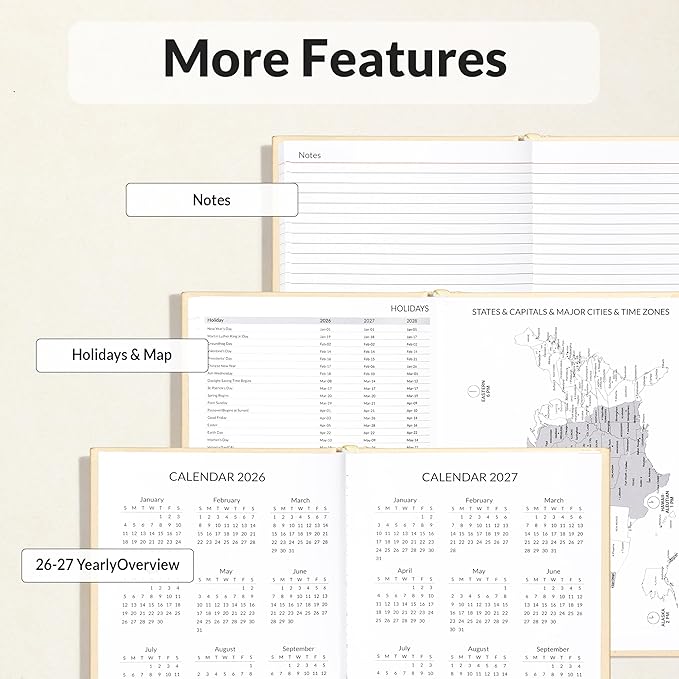 SUNEE 2026 Diary Journal Hardcover - Daily Planner Organizer for Work & School - Daily Page Layout with Holidays, Notes, Contacts - Agenda for Women & Men, Beige