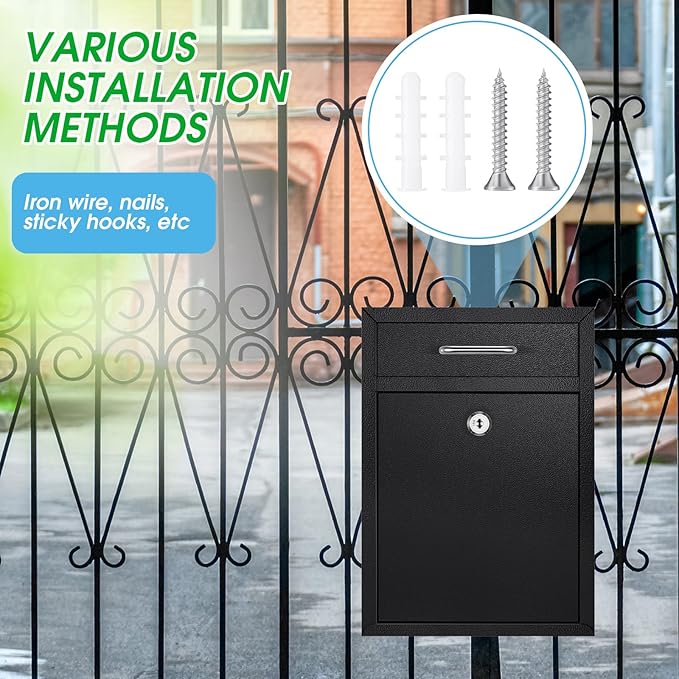 Locking Mailbox with Key for Outdoor 12.2 x 8.5 x 3 Inches Large Wall Mount Mail Box with Lock Security Mail Drop Metal Collection Boxes Hanging Secure Postbox(Black)