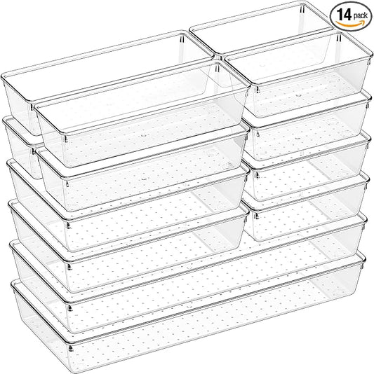 Criusia 14 PCS Clear Plastic Drawer Organizer Set - 5 Large Size Versatile Kitchen and Bathroom Organizer Trays, Non-Slip Storage Bins for Makeup, Utensils, Tool and Office Desk