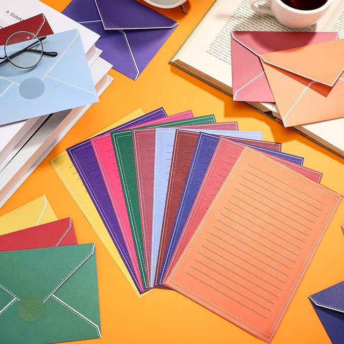 TaoBary 160 Packs Stationery Paper Set (50 Double Sided Stationery Writing Papers 50 Matching Envelopes) 60 Round Dot Sticker, 10 Design (Bright Color)