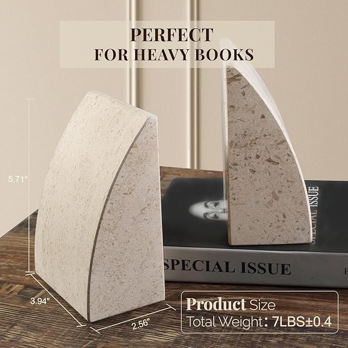 Koville Marble Bookends for Shelves, Large Bookends for Heavy Books, Non-Slip Heavy Duty Book Stopper for CD/Movies, Aesthetic Decorative Bookends for Shelves Table Home Decor(Brown)