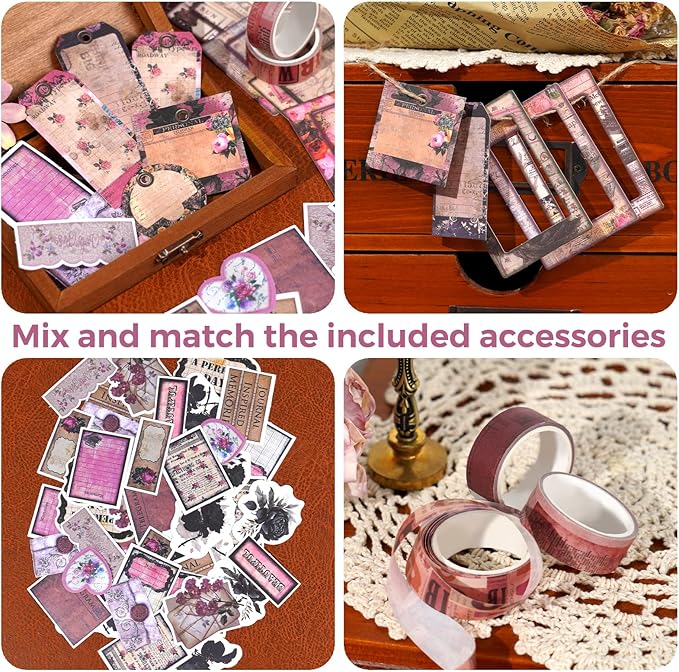 Funto Scrapbooking Kit (185 PCS), Medieval Chapter- Rose Garden, Perfect for Bullet Scrapbooking Materials, Planner DIY Craft Collage