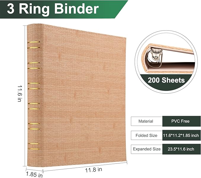 Vintage Hardback 3 Ring Binder 1 Inch, Professional Leather Binder 3 Ring, Textured Three Ring Binders Fits 8.5" x 11", D Ring Binders for Photo Album, Home, School and Office Supplies- Beige