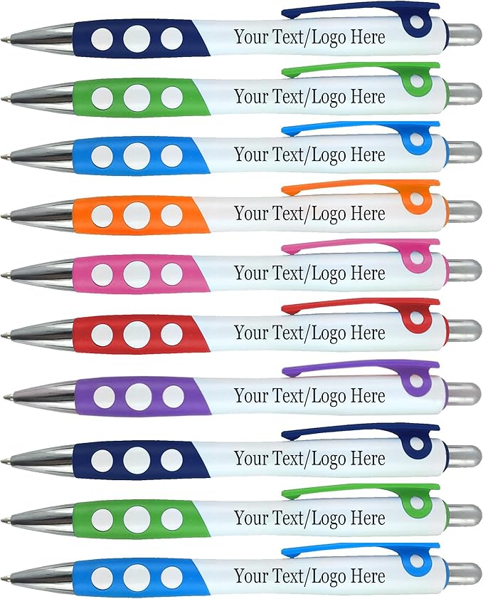 Personalized Ballpoint Pens With Custom Logo/ Text-350 Pack Bulk-for Businesses, Parties, & Events, Custom Printed, White Barrel with Matching Colored Clip and Grip, Click Pens, Black Ink, Assorted