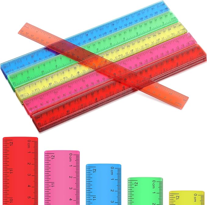 Zonon 50 Pcs 6 Inch/12 Inch Plastic Rulers Bulk Flexible Straight Rulers with Inches Centimeters First Day of School Gift Students Back to School Office Home Supplies(Clear Colorful,12 Inch)