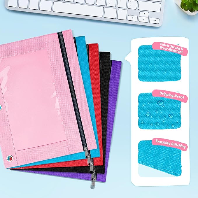 SUNEE Pencil Pouch for 3 ring binder, Pencil Bag for Binder with Zippers, Pink Pencil Case for Students Organizer, Pink