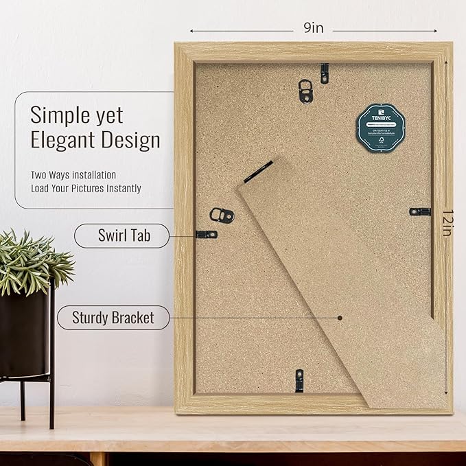 9x12 Frame Set of 3 - Natural Oak, 9 x 12 Wood Picture Frame, HD Tempered Glass, Table or Wall Display