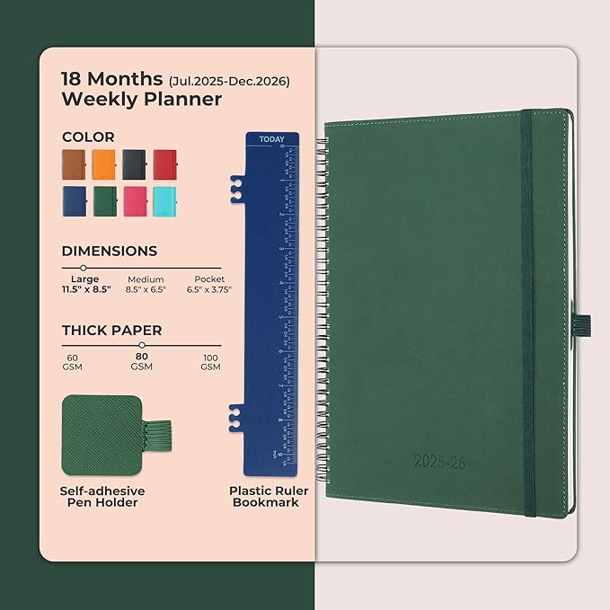 Planner 2025-2026 Daily Weekly and Monthly,11.5"x8.5",18 Months Spiral Bound Calendar Agenda with Self-adhesive Pen Holder,2026 Academic Plan with Vegan Leather Soft Cover,Green