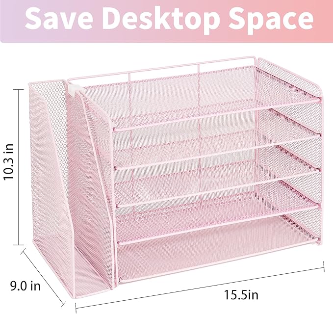 OPNICE 5-Tier Paper Organizer with Magazine Holder, Desk Organizers and Accessories, Office Desk Accessories & Workspace Organizers, Desktop File Organizer for Office Supplies Storage, Pink