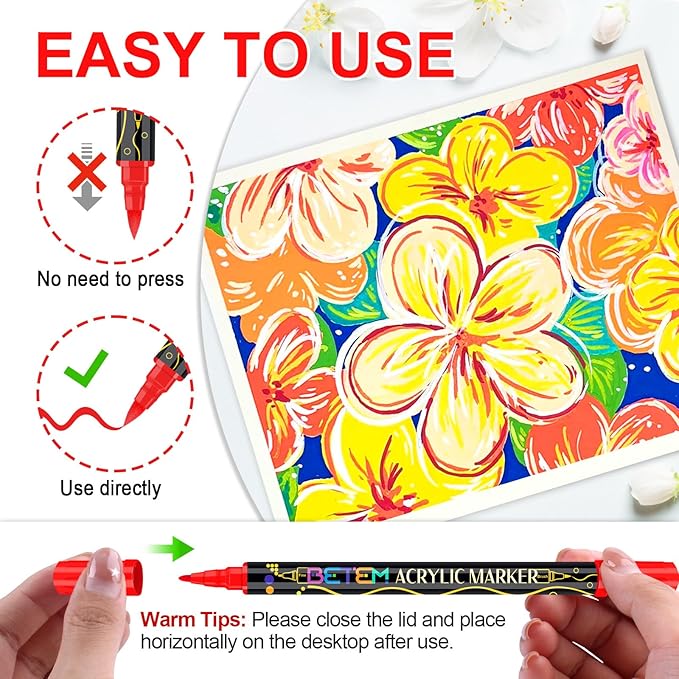 Betem Paint Markers Acrylic Paint Pens, Dual Tip 72 Colors Acrylic Markers with Brush Tip and Fine Point, Art Supplies for Wood, Canvas, Stone, Glass, Rock Painting Kit DIY Crafts Drawing Kit with Bag