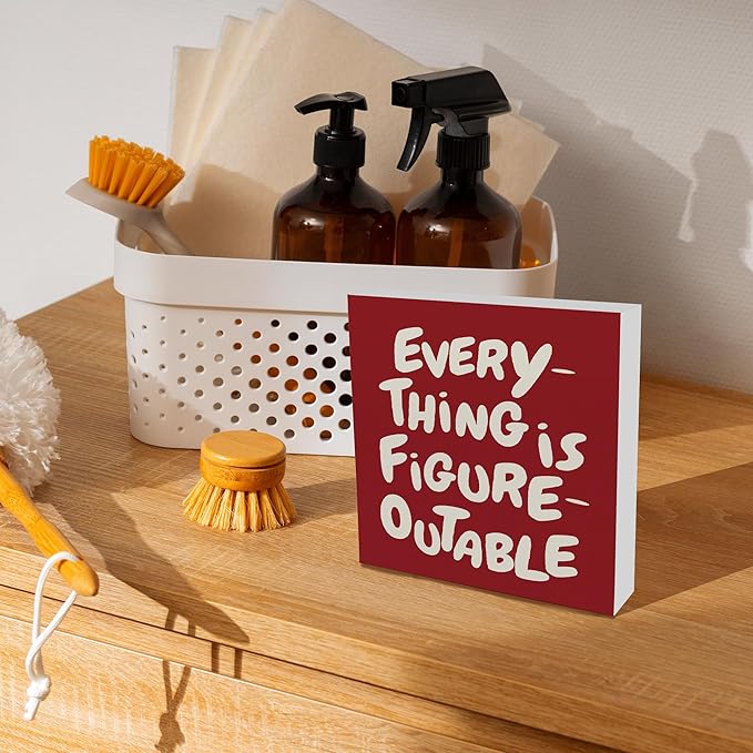 Inspirational Red Office Decor, Every Thing is Figure Outable Motivational Office Accessories Wooden Box Sign, Inspirational Gifts for Women, Men Wall Desk Shelf Tabletop Decoration 5x5In