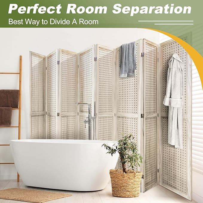 NicBex Room Divider 8 Panel Pegboard Display 5.6FT Wood PegBoard Room Dividers, Folding Privacy Screens Portable Display Board Wall Divider for Craft/Art Shows, Room Separation, Natural Wood