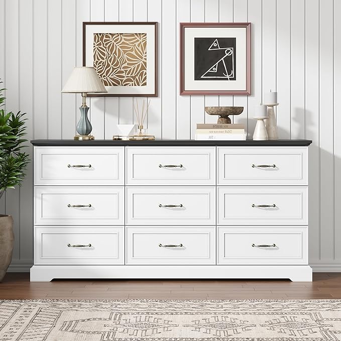 9 Drawer Dresser for Bedroom, 63" Wide Wooden Chest of Drawers, Rustic Farmhouse Dresser with Large Drawers & Metal Handles, Modern Storage Organizer for Closet, Living Room, Hallway, White
