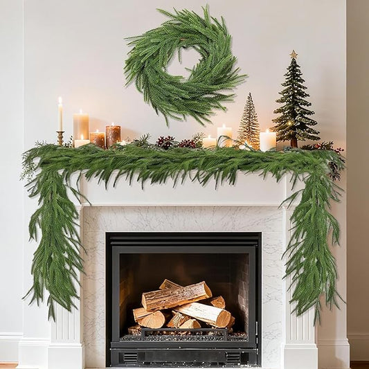 2 Pcs Christmas Norfolk Pine Garland, 6 FT Real Touch Norfolk Pine Garland Ornament, Christmas Artificial Greenery Cedar for Holiday Mantle, Table, Fireplace, Stair, Indoor, Outdoor Xmas Decorations