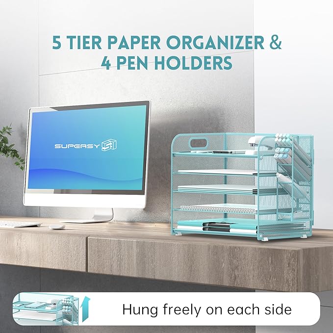 SUPEASY 5 Tier Desk Organizer with Handle & Removable Pen Holders, Mesh Paper/File Organizer for Desk, Paper Letter Tray Organizer for Office Supplies (Blue)