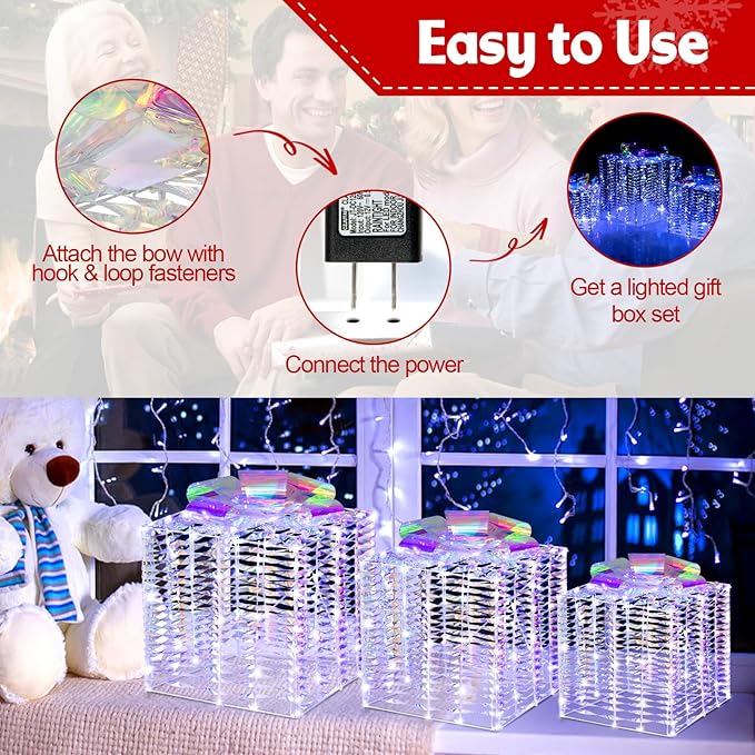 Tangkula Set of 3 Lighted Christmas Iridescent Box, 156 Cold White LED Lighted Present Boxes with Iridescent Bows, Ground Stakes, Light up Box Decorations for Indoor Outdoor, Yard, Lawn