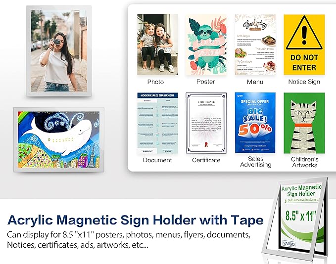 Acrylic Sign Holder 8.5" x 11" Wall Mount, Self Adhesive Magnetic Display Frame with Nano Tape, Plastic Clear Document Frame for Office, Store, School, Home, Wall Picture Frame (Silver, 5Pack)