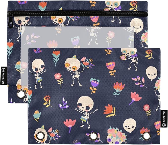 ZAZYXTJ Skull Binder Pencil Pouchs 3 Ring with Zipper Clear Window Office Organizers bag for School Students Teacher Supplies 2 Pack