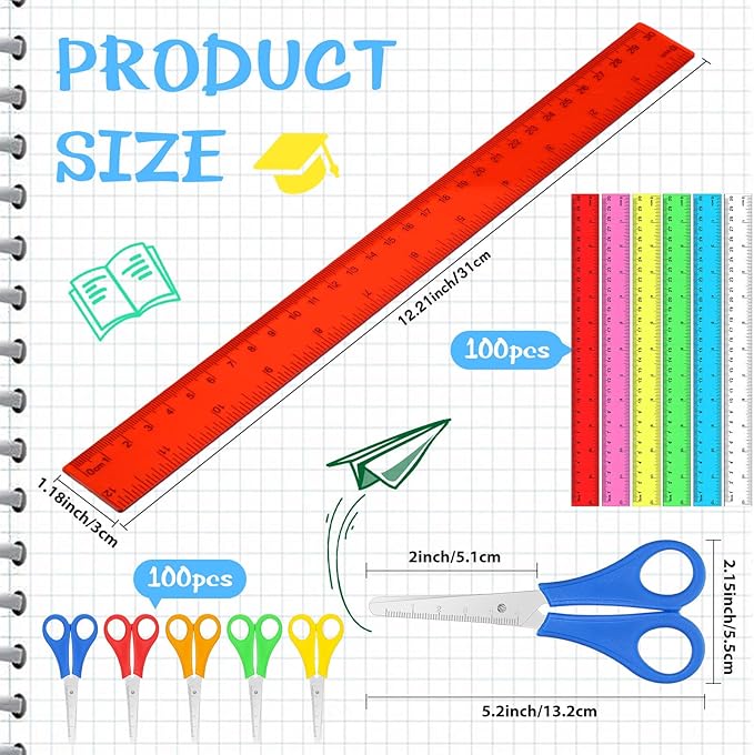 PerKoop 200 Pcs School Supplies with 100 Pcs Safety Blunt Tip Student Scissors 100 Pcs 12 Inch Plastic Rulers Back to School Supply Kit for Operation Christmas Charity Donation Supplies (Cute Color)