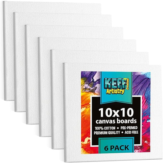 KEFF Canvas Boards for Painting - 10x10 6-Pack Bulk Canvas Panels, 100% Cotton Triple Primed Large Canvases for Art Painting Supplies, Acrylic, Oil, Watercolor & Tempera