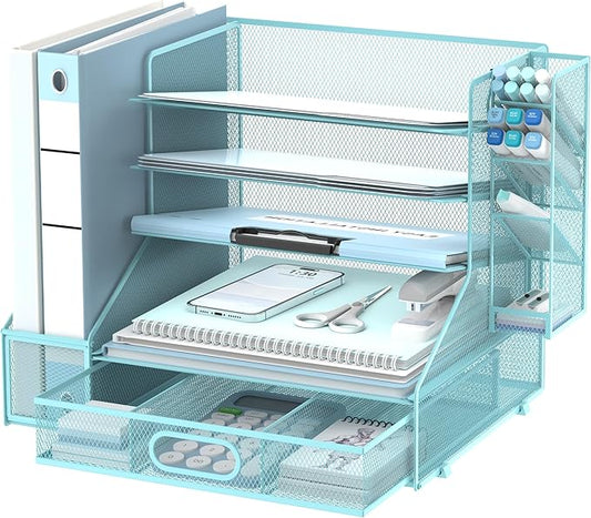 SUPEASY Desk Organizer with File Holder, 5-Tier Mesh Paper Letter Tray Organizer with Pen Holder and Drawer, Desktop Organizer and Storage with 3 Tilted File Sorter for Office Supplies, Blue