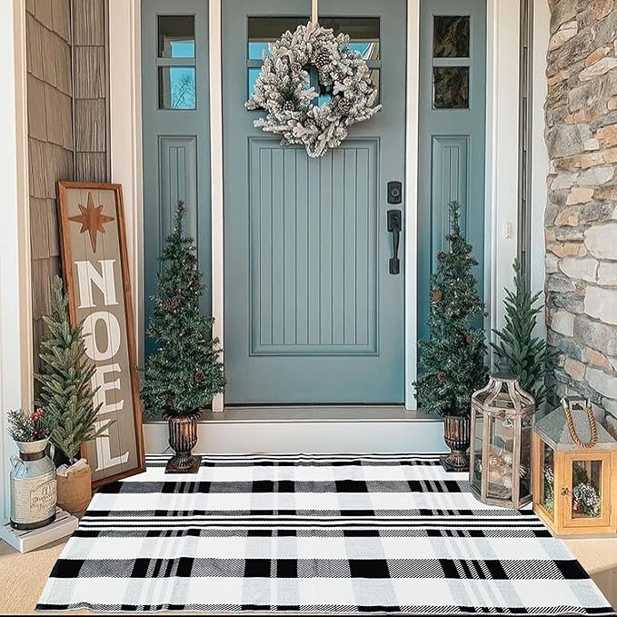CAINANEL Buffalo Plaid Outdoor Rug Black and White Check Rug 35.4'' x 59'' Cotton Hand-Woven Checkered Front Welcome Door Mat Indoor/Outdoor Area Rug for Front Porch,Kitchen,Entry Way,Living Room