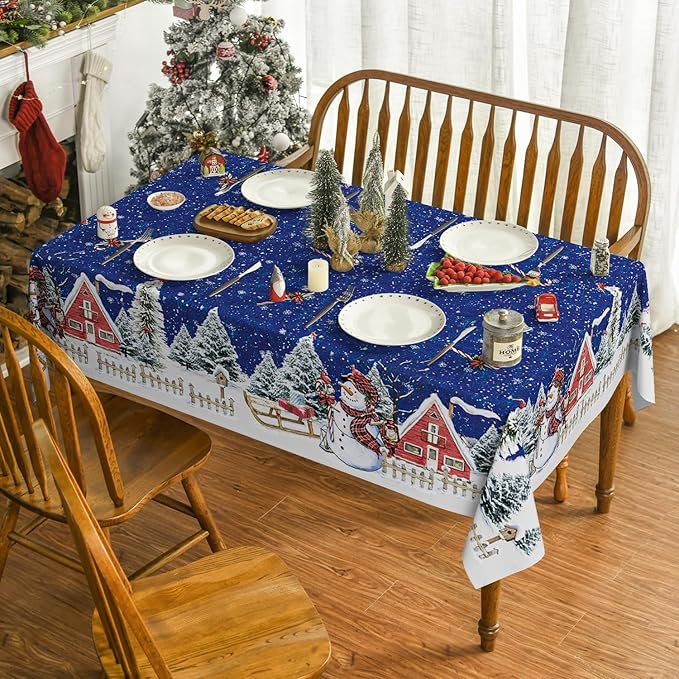 Horaldaily Christmas Tablecloth 60×60 Inch Square, Winter Snowman House Christmas Trees Blue Washable Table Cover for Party Picnic Dinner Decor