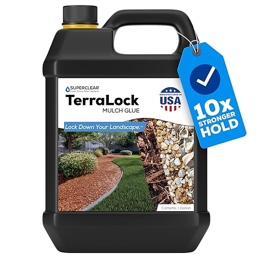 Superclear TerraLock Mulch Glue for Landscaping, 1 Gallon Rock Glue. Easy Spray, Easy Hold. Perfect for Mulch, Pea Gravel Large & Small, Rock, Straw and Stone, Pega para Piedras de Jardin