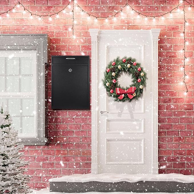 Locking Mailbox with Key for Outdoor 16.2 x 11.2 x 4.7 Inches Large Wall Mount Mail Box with Lock Security Mail Drop Metal Collection Boxes Hanging Secure Postbox(Black)