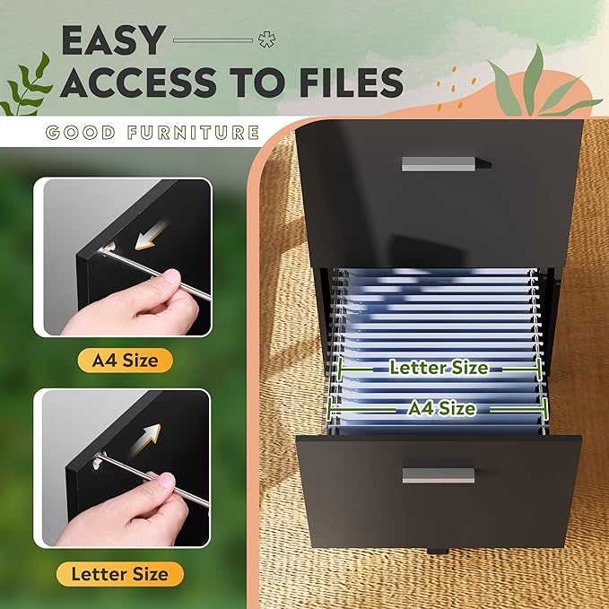 DEVAISE 2 Drawer File Cabinet, Mobile Printer Stand, Wood Filing Cabinet fits A4 or Letter Size for Home Office, Black